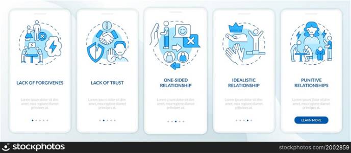 Abusive relationships types onboarding mobile app page screen. Lack of trust walkthrough 5 steps graphic instructions with concepts. UI, UX, GUI vector template with linear color illustrations. Abusive relationships types onboarding mobile app page screen
