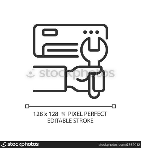 Ac installation linear icon. Air conditioner. Hvac maintenance. Climate control. Electric appliance. Repair service. Thin line illustration. Contour symbol. Vector outline drawing. Editable stroke. Ac installation linear icon
