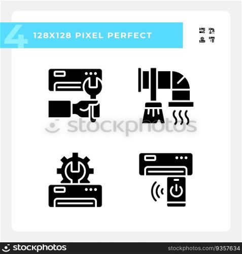 Ac maintenance black glyph icons set on white space. Air conditioner repair. Hvac service. Heating system. Home appliance. Silhouette symbols. Solid pictogram pack. Vector isolated illustration. Ac maintenance black glyph icons set on white space