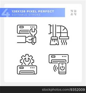 Ac maintenance linear icons set. Air conditioner repair. Hvac service. Heating system. Home appliance. Customizable thin line symbols. Isolated vector outline illustrations. Editable stroke. Ac maintenance linear icons set