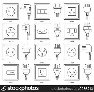 AC sockets with power plugs. Outlet and connector types from different countries around the world, electrical power point and charge cable vector line icons set. Charging household appliance. AC sockets with power plugs. Outlet and connector types from different countries around the world, electrical power point and charge cable vector line icons set