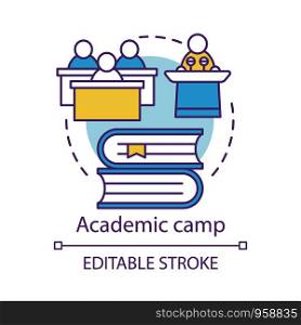Academic camp concept icon. Knowledge, educational club, community idea thin line illustration. Sharing learning experience. College, university facility. Vector isolated drawing. Editable stroke. Academic camp concept icon. Knowledge, educational club, community idea thin line illustration. Sharing learning experience. University facility. Vector isolated outline drawing. Editable stroke
