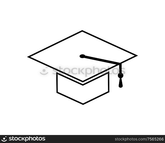 Academic cap with tassel line art vector icon isolated. Graduation hat, symbol of higher knowledge and wisdom. Simple shape of university magister headwear. Academic Cap with Tassel Line Art Vector Icon