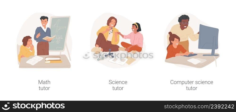 Academic coaching isolated cartoon vector illustration set. Math tutor, science and computer literacy classes, STEM project, homework help, learn software, graphs and formulas vector cartoon.. Academic coaching isolated cartoon vector illustration set.