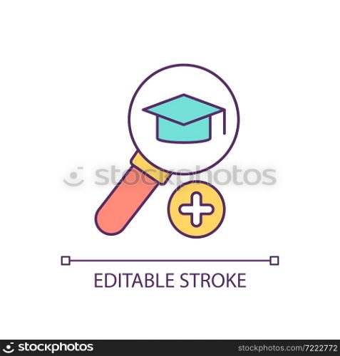 Academic degree search RGB color icon. Find and examine learning program. Higher education choice. Future career decision. Isolated vector illustration. Simple filled line drawing. Editable stroke. Academic degree search RGB color icon