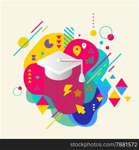 Academic hat on abstract colorful spotted background with different elements. Flat design.