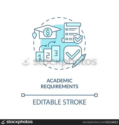 Academic requirements turquoise concept icon. Employee training. Education assistance. Graduation degree abstract idea thin line illustration. Isolated outline drawing. Editable stroke. Academic requirements turquoise concept icon