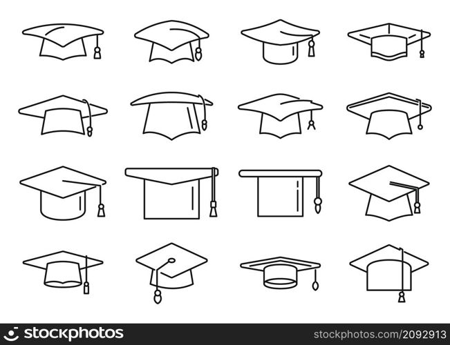Academy graduation hat icons set outline vector. School celebration. University cap. Academy graduation hat icons set outline vector. School celebration