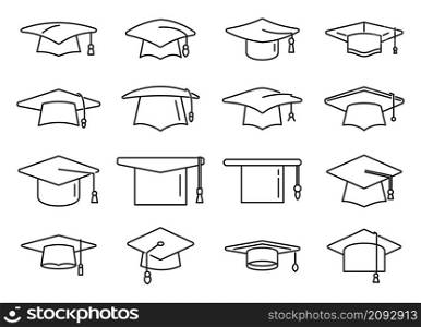 Academy graduation hat icons set outline vector. School celebration. University cap. Academy graduation hat icons set outline vector. School celebration