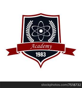 Academy of physics insignia or science education symbol with model of atom, encircled by laurel wreath on medieval shield with ribbon banner. May be use as education or heraldry theme design. Academy of physics insignia of shield with atom