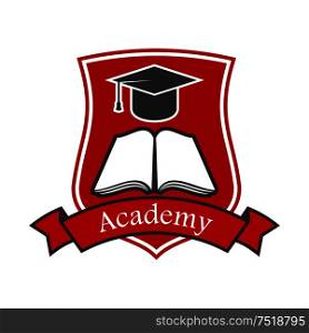 Academy shield emblem design with book, graduation cap and red ribbon. Vector crest icon for university, college, school. Education and study graphic illustration.. Academy shield emblem. Vector icon for university, college, school.