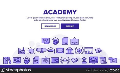 Academy Study Landing Web Page Header Banner Template Vector. Graduation Cap And Diploma, College Building And Online Education In Academy Illustration. Academy Study Landing Header Vector