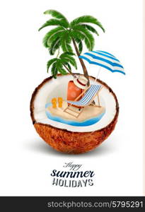 acation concept. Palm tree, suitcase and an umbrella in a coconut. Vector.