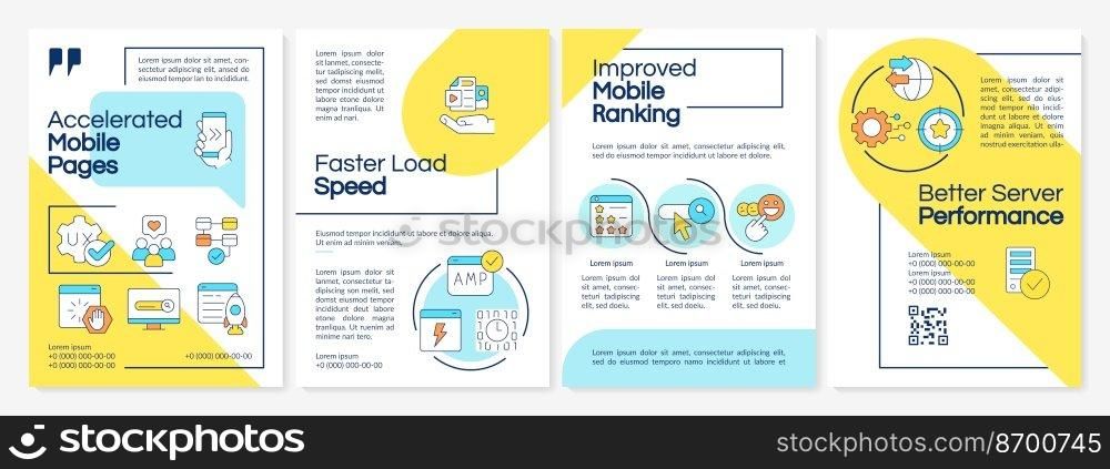 Accelerated mobile pages technology blue and yellow brochure template. Leaflet design with linear icons. Editable 4 vector layouts for presentation, annual reports. Questrial, Lato-Regular fonts used. Accelerated mobile pages technology blue and yellow brochure template