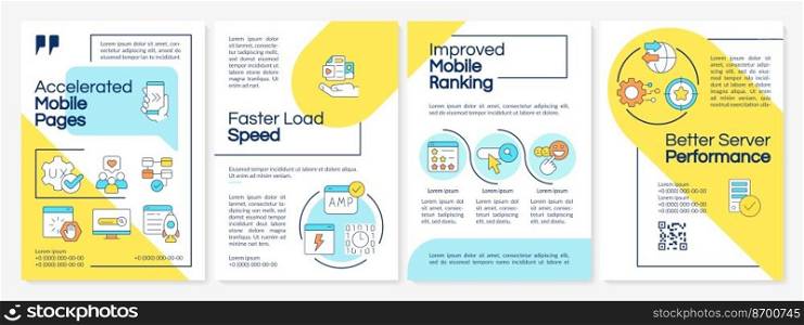 Accelerated mobile pages technology blue and yellow brochure template. Leaflet design with linear icons. Editable 4 vector layouts for presentation, annual reports. Questrial, Lato-Regular fonts used. Accelerated mobile pages technology blue and yellow brochure template