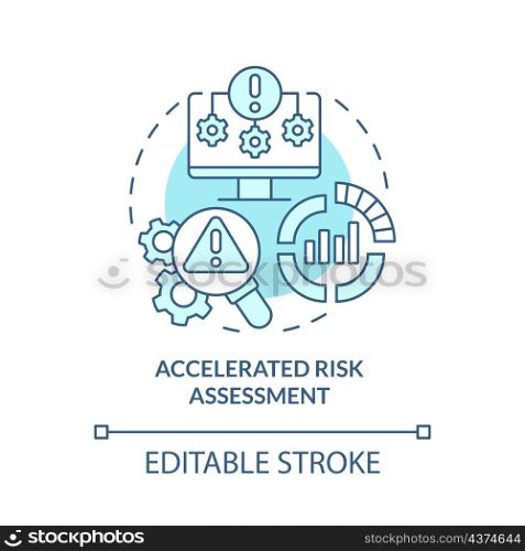 Accelerated risk assessment turquoise concept icon. Reducing investment risk abstract idea thin line illustration. Isolated outline drawing. Editable stroke. Roboto-Medium, Myriad Pro-Bold fonts used. Accelerated risk assessment turquoise concept icon