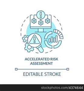 Accelerated risk assessment turquoise concept icon. Reducing investment risk abstract idea thin line illustration. Isolated outline drawing. Editable stroke. Roboto-Medium, Myriad Pro-Bold fonts used. Accelerated risk assessment turquoise concept icon