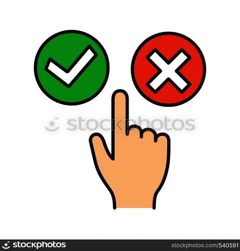 Accept and decline buttons color icon. Yes or no click. Approve and delete. Hand pushing button. Isolated vector illustration. Accept and decline buttons color icon