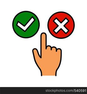 Accept and decline buttons color icon. Yes or no click. Approve and delete. Hand pushing button. Isolated vector illustration. Accept and decline buttons color icon