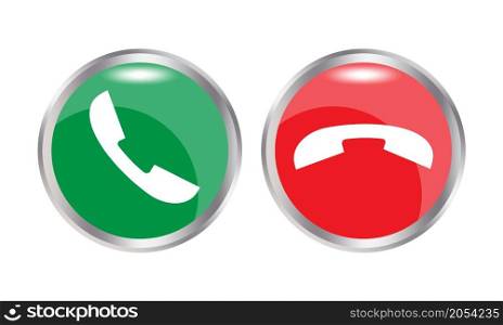 Accept and decline call buttons. Phone signs. Green and red circles. Silver frame. Vector illustration. Stock image. EPS 10.. Accept and decline call buttons. Phone signs. Green and red circles. Silver frame. Vector illustration. Stock image.