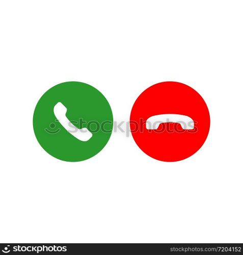 Accept and decline call or red and green yes no buttons with handset silhouettes icon. Call answer on isolated white background. EPS 10 vector. Accept and decline call or red and green yes no buttons with handset silhouettes icon. Call answer on isolated white background. EPS 10 vector.