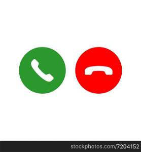 Accept and decline call or red and green yes no buttons with handset silhouettes icon. Call answer on isolated white background. EPS 10 vector. Accept and decline call or red and green yes no buttons with handset silhouettes icon. Call answer on isolated white background. EPS 10 vector.