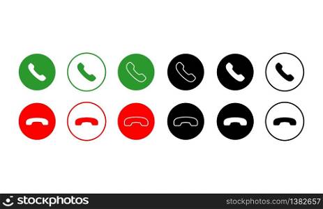 Accept and decline call or red, green, black and white buttons yes no with handset silhouettes icon. Call answer on isolated white background. EPS 10 vector. Accept and decline call or red, green, black and white buttons yes no with handset silhouettes icon. Call answer on isolated white background. EPS 10 vector.