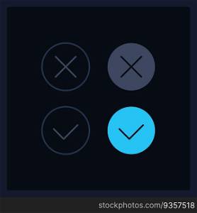 Accept and decline UI elements kit. Control options isolated vector components. Flat navigation menus and interface buttons template. Dark theme web design widget collection for mobile application. Accept and decline UI elements kit