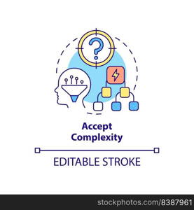 Accept complexity concept icon. Challenging situations. Adaptation to complex change abstract idea thin line illustration. Isolated outline drawing. Editable stroke. Arial, Myriad Pro-Bold fonts used. Accept complexity concept icon