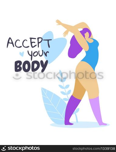 Accept Your Body. Female Character with Purple Hair Dressed in Sports Suit Dance on White Background with Herbs and Heart. Plus Size Woman. Body Positive Movement. Cartoon Flat Vector Illustration.. Accept Your Body. Happy Female Character Dancing