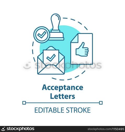 Acceptance letters concept icon. Envelope with approved document. Mailing acceptance letters. Successful verification idea thin line illustration. Vector isolated outline drawing. Editable stroke
