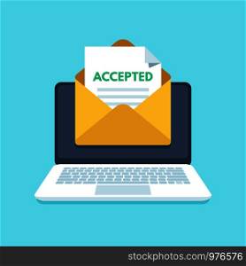 Accepted email in envelope. College accept, acceptance success or university admission receiving agree letter. Mail recruitment job success in laptop inbox flat vector illustration. Accepted email in envelope. College acceptance success or university admission letter. Mail in laptop inbox vector illustration