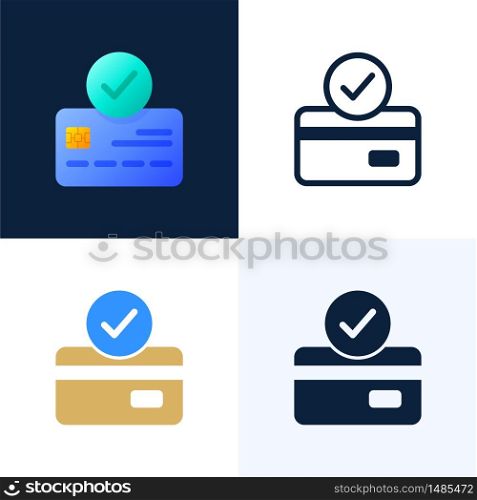 accepted payment Credit card vector stock icon set. The concept of a successful bank payment transaction. The front side of the card with a check mark in a circle