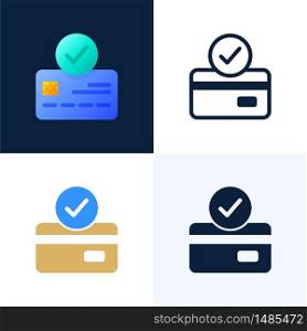 accepted payment Credit card vector stock icon set. The concept of a successful bank payment transaction. The front side of the card with a check mark in a circle