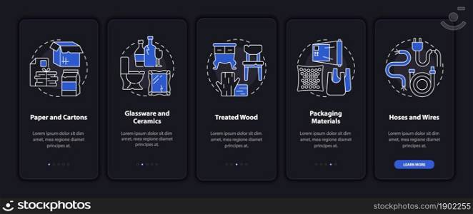 Accepted waste types dark onboarding mobile app page screen. Recycling walkthrough 5 steps graphic instructions with concepts. UI, UX, GUI vector template with linear night mode illustrations. Accepted waste types dark onboarding mobile app page screen