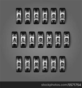 Access allowed denied words by mechanical alphabet for combination codes concept vector illustration