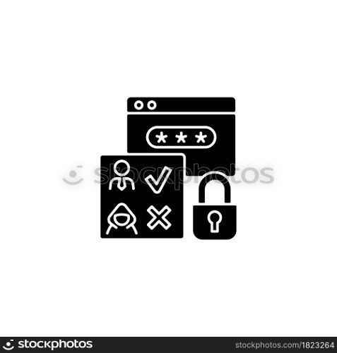 Access control black glyph icon. Security technique. Selective restriction. Limit connections to system files. Authorization. Silhouette symbol on white space. Vector isolated illustration. Access control black glyph icon