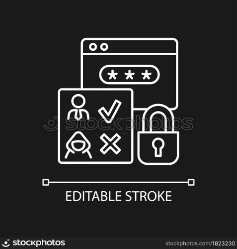 Access control white linear icon for dark theme. Authorization. Prevent unauthorized operations. Thin line customizable illustration. Isolated vector contour symbol for night mode. Editable stroke. Access control white linear icon for dark theme
