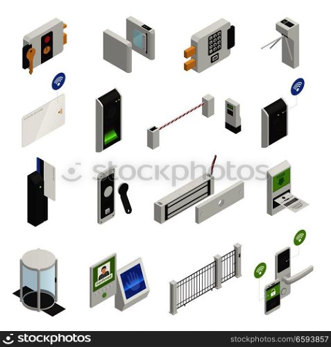 Access identification isometric icons collection of isolated safeguarding system elements images and user recognition electronic devices vector illustration. Protect Identity Icon Set