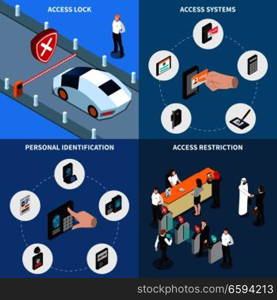 Access lock, personal identification, protection systems and admission restriction, isometric design concept, isolated vector illustration. Access Identification Isometric Design Concept