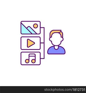 Access media library RGB color icon. Images, music and video collections. Organizing uploaded files into galleries. Isolated vector illustration. Managing media files. Simple filled line drawing. Access media library RGB color icon