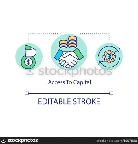 Access to capital concept icon. Corporate fund. Handshake for fair deal. Commercial income. Business capital idea thin line illustration. Vector isolated outline RGB color drawing. Editable stroke. Access to capital concept icon