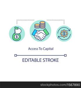 Access to capital concept icon. Corporate fund. Handshake for fair deal. Commercial income. Business capital idea thin line illustration. Vector isolated outline RGB color drawing. Editable stroke. Access to capital concept icon