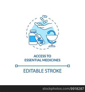Access to essential medicines concept icon. Top international health programs. Opportunity for proper cure idea thin line illustration. Vector isolated outline RGB color drawing. Editable stroke. Access to essential medicines concept icon