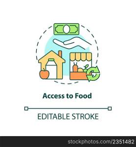 Access to food concept icon. Purchase products. Food security basic definitions abstract idea thin line illustration. Isolated outline drawing. Editable stroke. Arial, Myriad Pro-Bold fonts used. Access to food concept icon