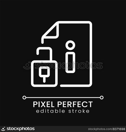 Access to information pixel perfect white linear icon for dark theme. Open database files. Sources for users. Thin line illustration. Isolated symbol for night mode. Editable stroke. Poppins font used. Access to information pixel perfect white linear icon for dark theme