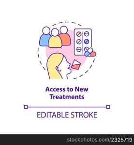 Access to new treatments concept icon. Clinical trials advantage for participant abstract idea thin line illustration. Isolated outline drawing. Editable stroke. Arial, Myriad Pro-Bold fonts used. Access to new treatments concept icon