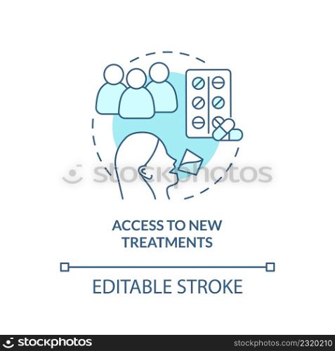 Access to new treatments turquoise concept icon. Clinical trials advantage abstract idea thin line illustration. Isolated outline drawing. Editable stroke. Arial, Myriad Pro-Bold fonts used. Access to new treatments turquoise concept icon