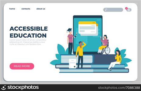 Accessible education website. Online learning for disabled people concept. Vector access page training students and professor