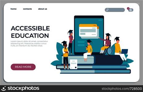 Accessible education website. Online learning for disabled people concept. Vector illustration virtual library archive student research. Accessible education website. Online learning for disabled people concept. Vector illustration virtual archive student research